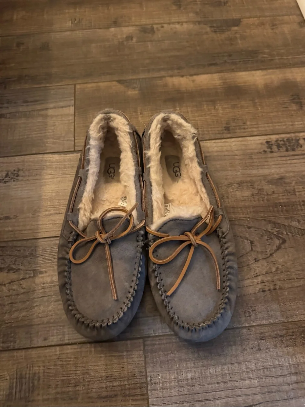 UGG Grey Suede Shearling-Trim Moccasins - Picture 2 of 3